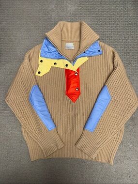 Beige Ribbed Pullover Sweater with Color-Block Accents by O'NEPT